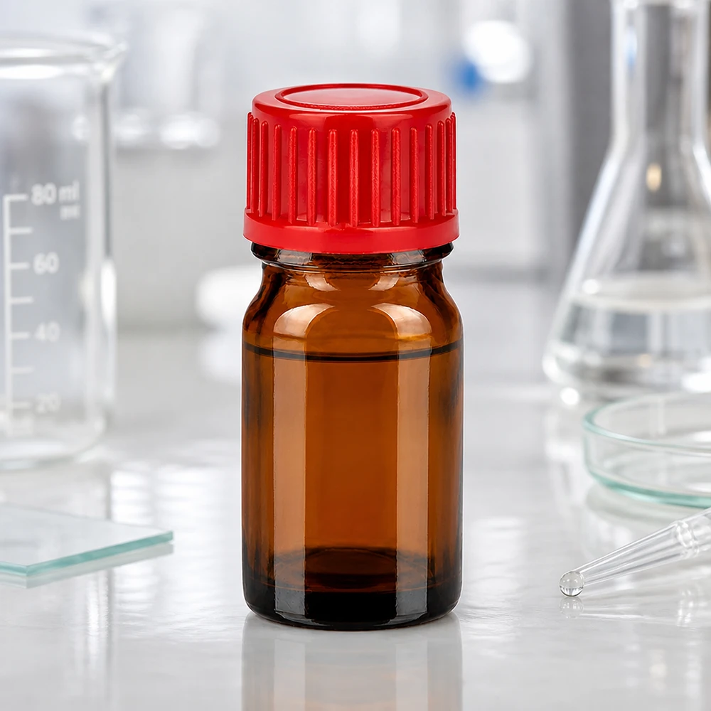 Frasco de laboratorio de 5 ml de vidrio ámbar con protección UV y tapón rojo hermético para sustancias químicas