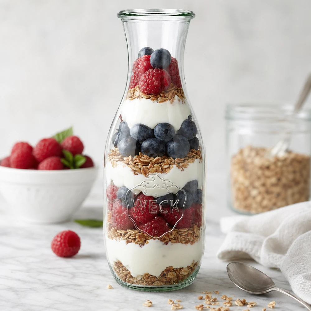Botella para zumo WECK RR60 de 1062 ml Botella de zumo WECK 1062ml RR60 como tarro parfait con yogur bayas granola en capas junto a cuchara y fruta