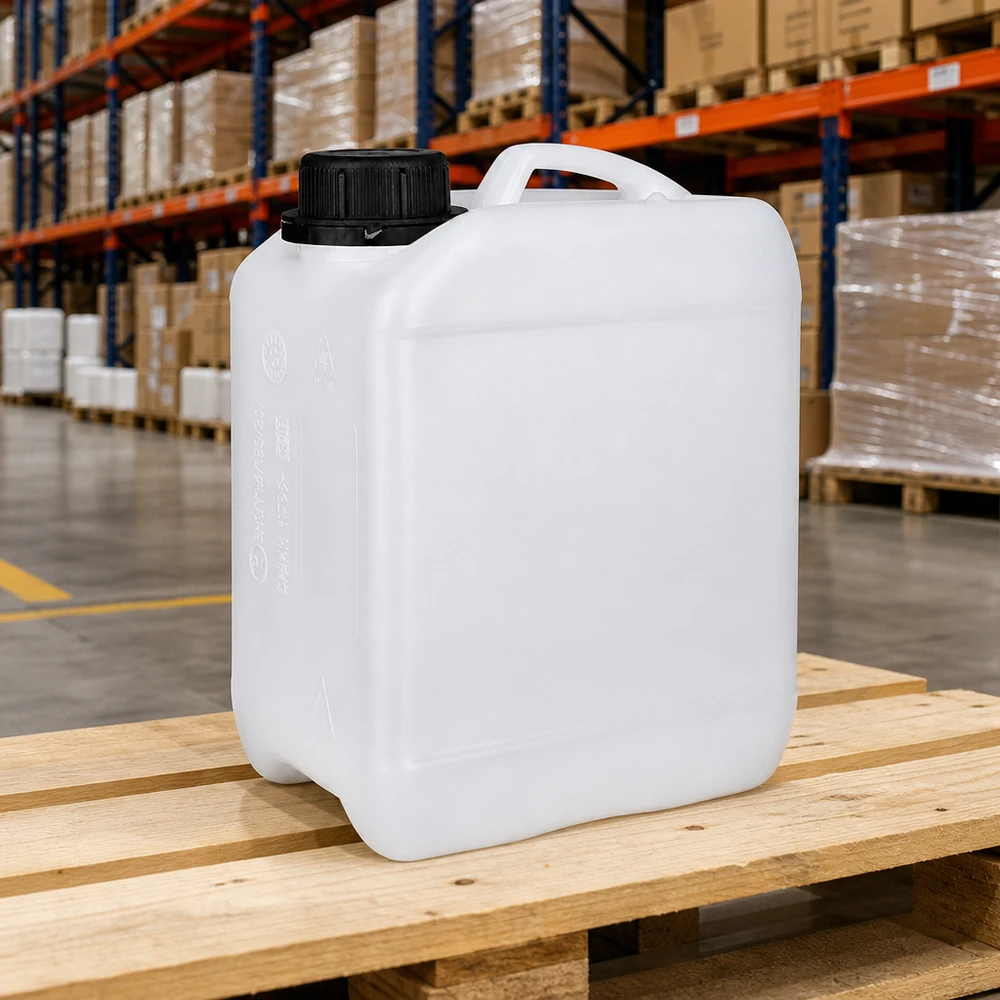 Bidón de 2,5 litros con tapón de rosca a prueba de manipulaciones Bidón rectangular de HDPE de 2,5 l, de color blanco, con diseño de hombros anchos y asa de transporte ergonómica