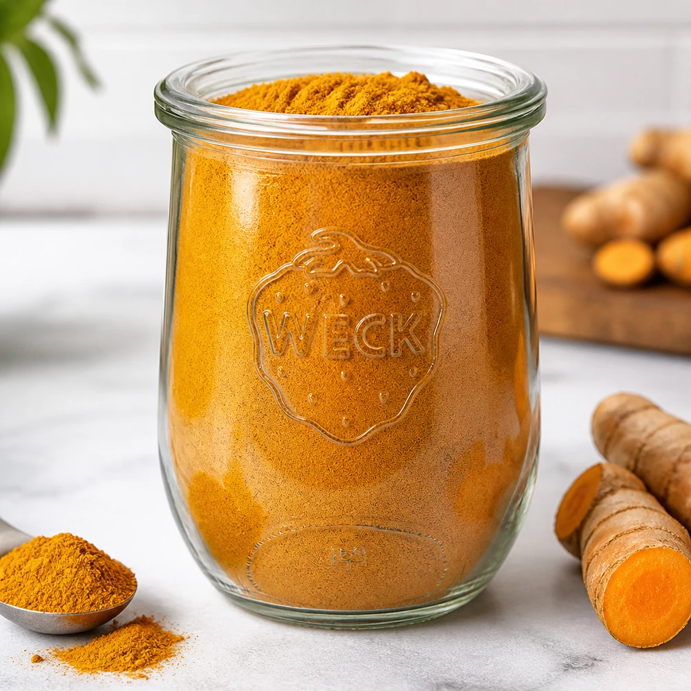 WECK tarro tulipán 1062ml RR100 lleno de cúrcuma en polvo junto a raíces frescas de cúrcuma Almacenamiento de especias cocina
