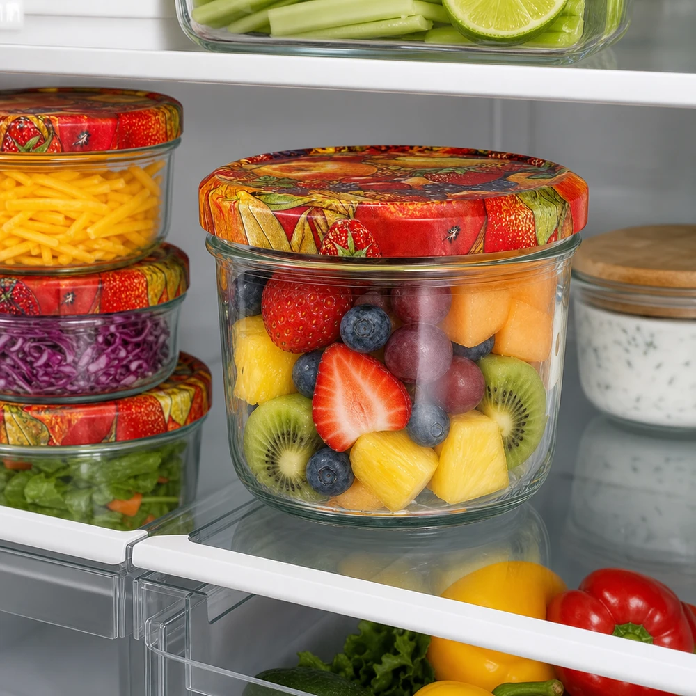 Vasos 230ml + tapa BasicSeal decoración frutas UNiTWIST Vasos de 230 ml con tapa decorativa de frutas BasicSeal de colores llenos de macedonia de fruta fresca guardada en el frigorífico