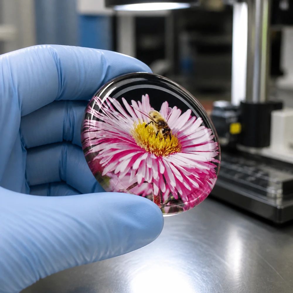 Mano de laboratorio sosteniendo una tapa BasicSeal de 82 mm, modelo «Flor» TO82, con un áster rosa y una abeja en un diseño de cristal