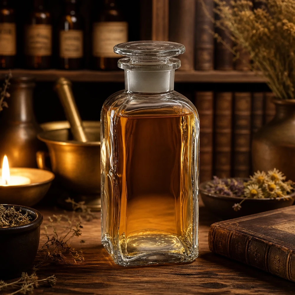 Frasco cuadrado 350ml transparente cuello ancho tapón vidrio Frasco de farmacia de 350 ml, de sección cuadrada y cuello ancho, con tapón de cristal, para aceites y tinturas