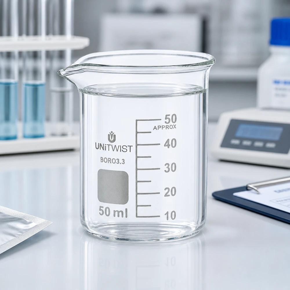 Vaso 50ml borosilicato, molde bajo UNiTWIST Vaso de precipitados vacío de 50 ml UNiTWIST, de perfil bajo, de vidrio borosilicato, con escala de mililitros grabada