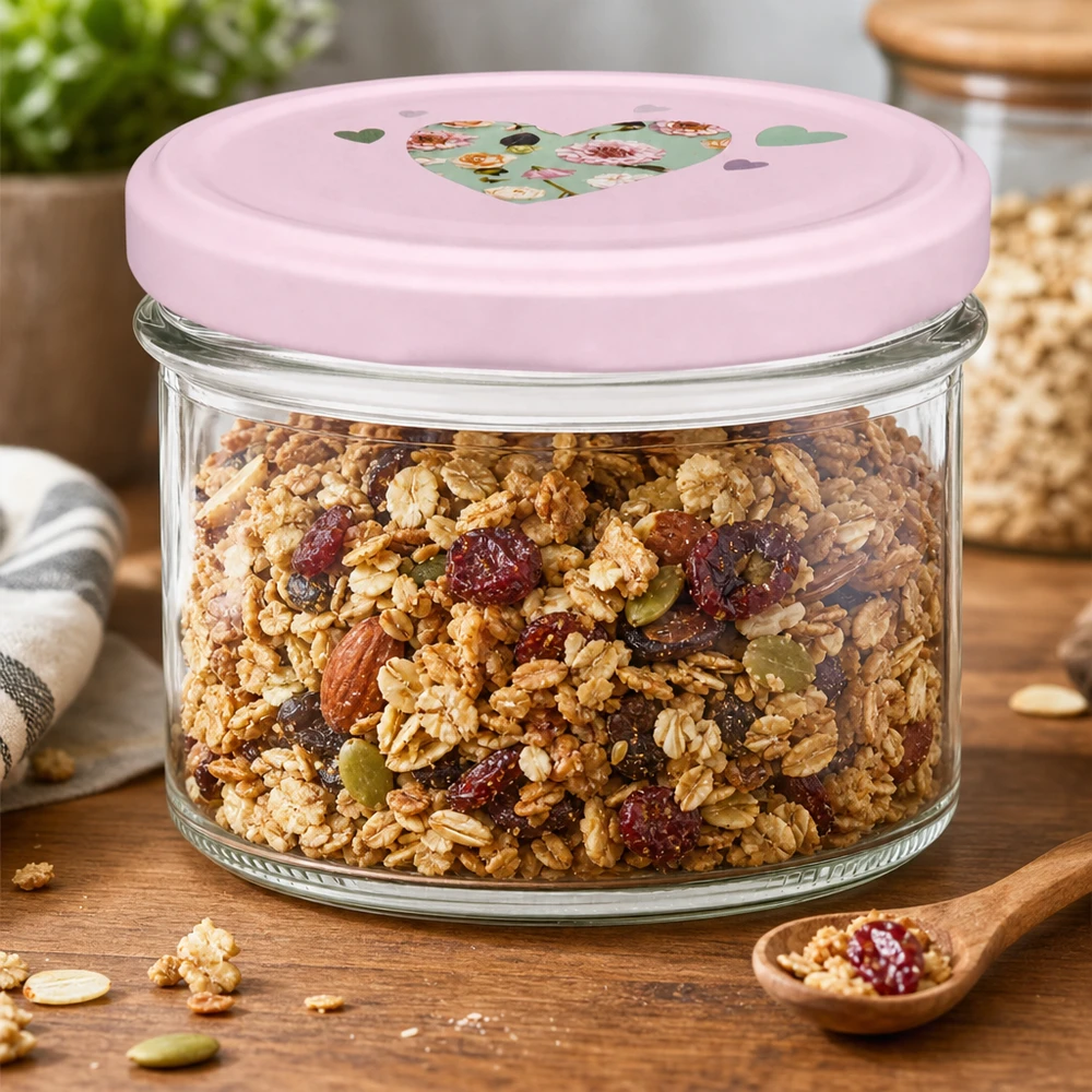 tarro de conserva de 225 ml con tapa rosa en forma de corazón lleno de muesli y frutos secos como tarro de almacenaje sobre una mesa de madera