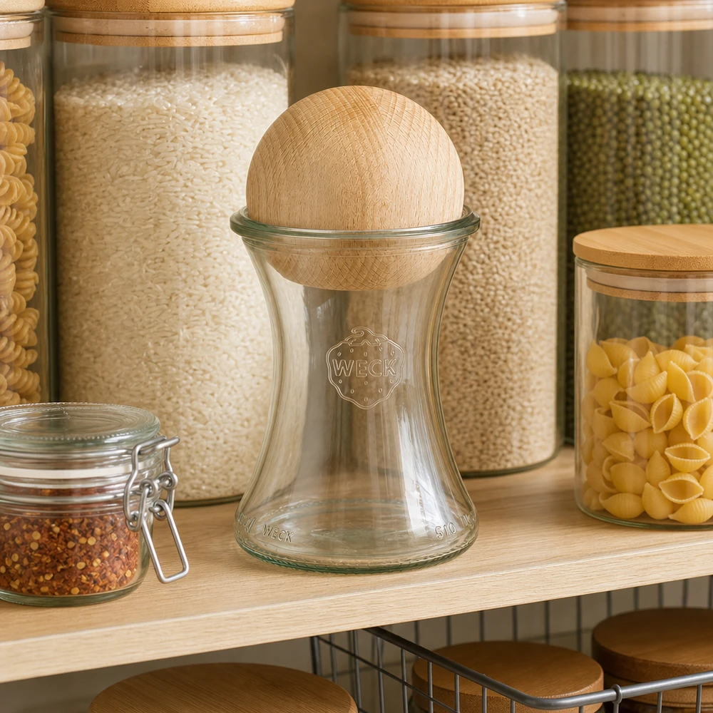 Tarro para delicatessen WECK RR80 de 370ml con bola de madera de haya WECK tarro delicatessen 370ml RR80 con bola de haya en estante de almacenamiento entre tarros de conserva llenos de pasta arroz