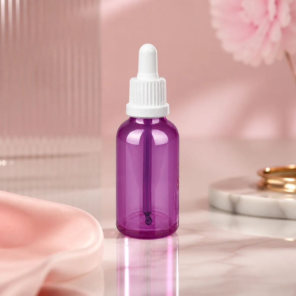 Pequeño frasco pipeta de 30 ml de vidrio violeta con tapón pipeta blanco para sueros