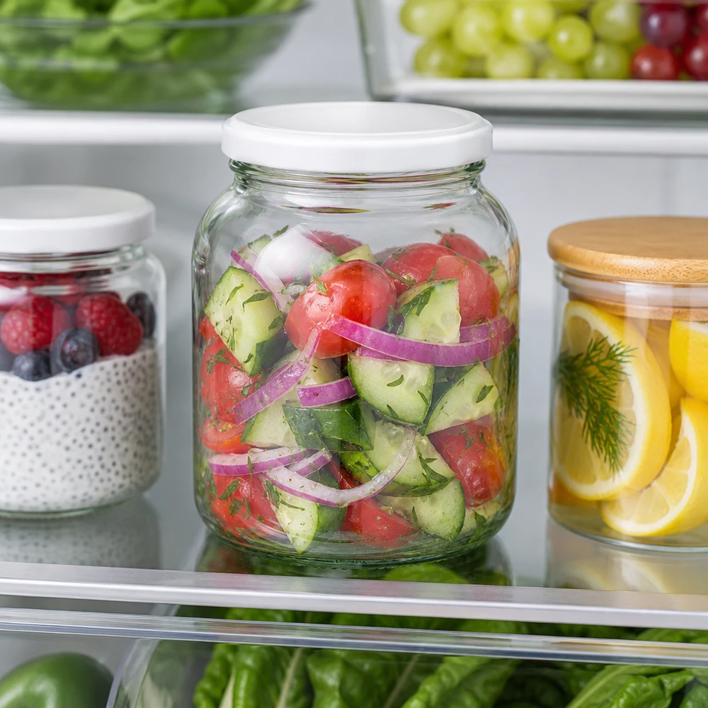 Tarro ovalado UNiTWIST de 370 ml con tapa blanca BasicSeal en el frigorífico lleno de verduras frescas para ensaladas