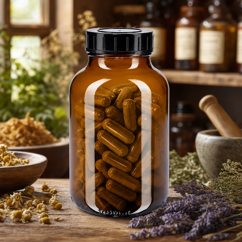 1000ml botella de cuello ancho de vidrio ámbar con tapón de rosca Frasco marrón de cuello ancho de 1000 ml con tapón de rosca para cápsulas y productos farmacéuticos