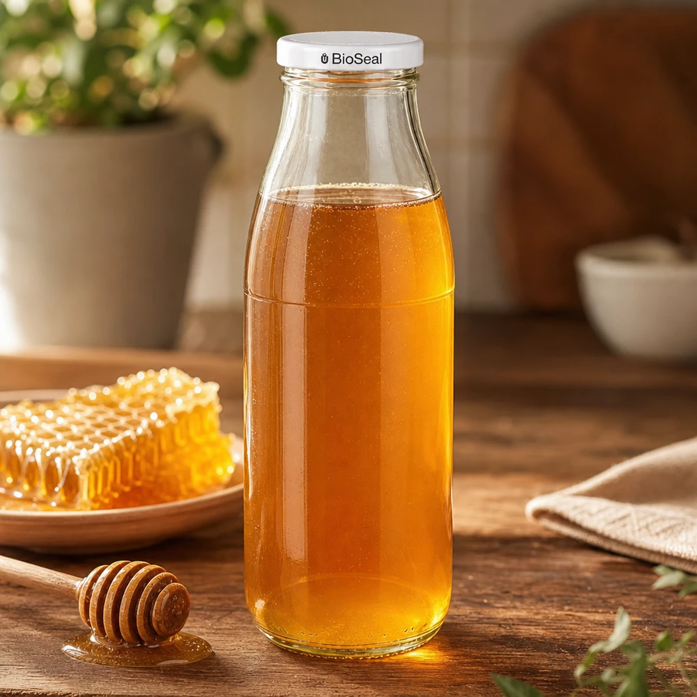 Frasco de vidrio de 500ml + tapa BioSeal blanca UNiTWIST Botella de cristal de 500 ml llena de miel, tapa blanca BioSeal, junto a un panal y una cuchara de miel sobre una mesa de madera