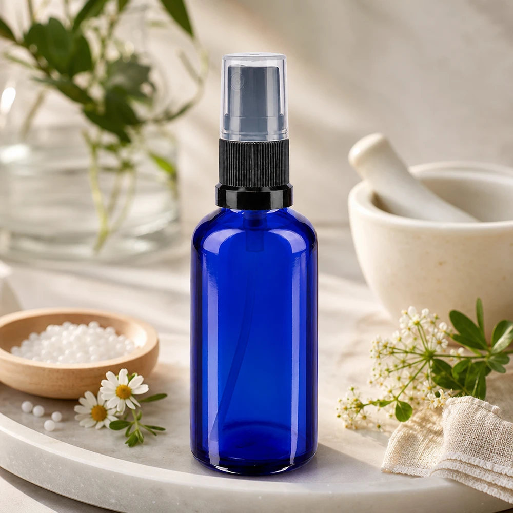 Frasco de cristal azul con pulverizador de 50 ml y atomizador negro, entre flores de manzanilla y un mortero