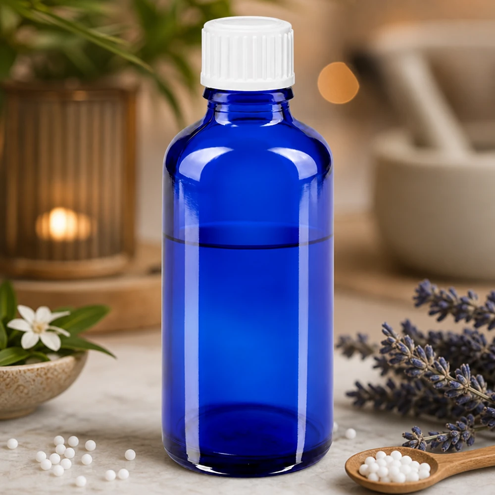 Glóbulos homeopáticos junto a un frasco de farmacia de cristal azul de 50 ml con tapón de seguridad para niños de color blanco