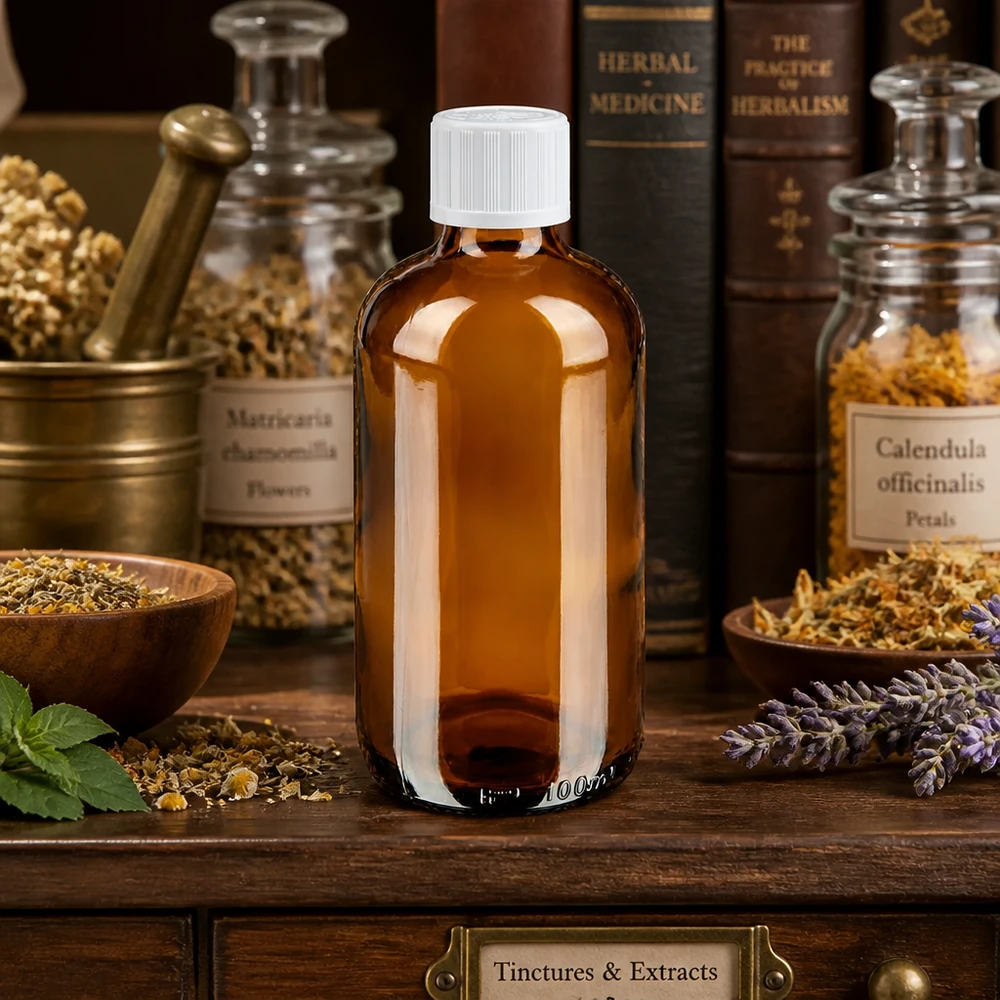 Botella de farmacia marrón 100ml tapón cuentagotas blanco estándar de seguridad infantil Frasco de farmacia de vidrio ámbar de 100 ml con tapón KiSi para libros de hierbas y plantas medicinales