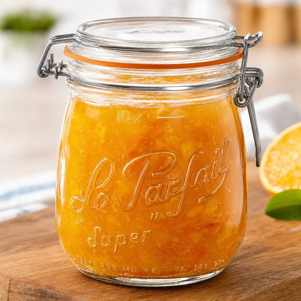 Tarro Le Parfait Super de 750 ml con tapa oscilante relleno de mermelada de naranja sobre tabla de madera