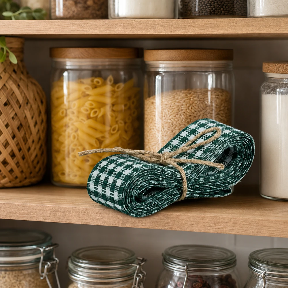 Cinta de tela verde y blanca de 300 cm en estante de cocina entre tarros de pasta y arroz como decoración de despensa