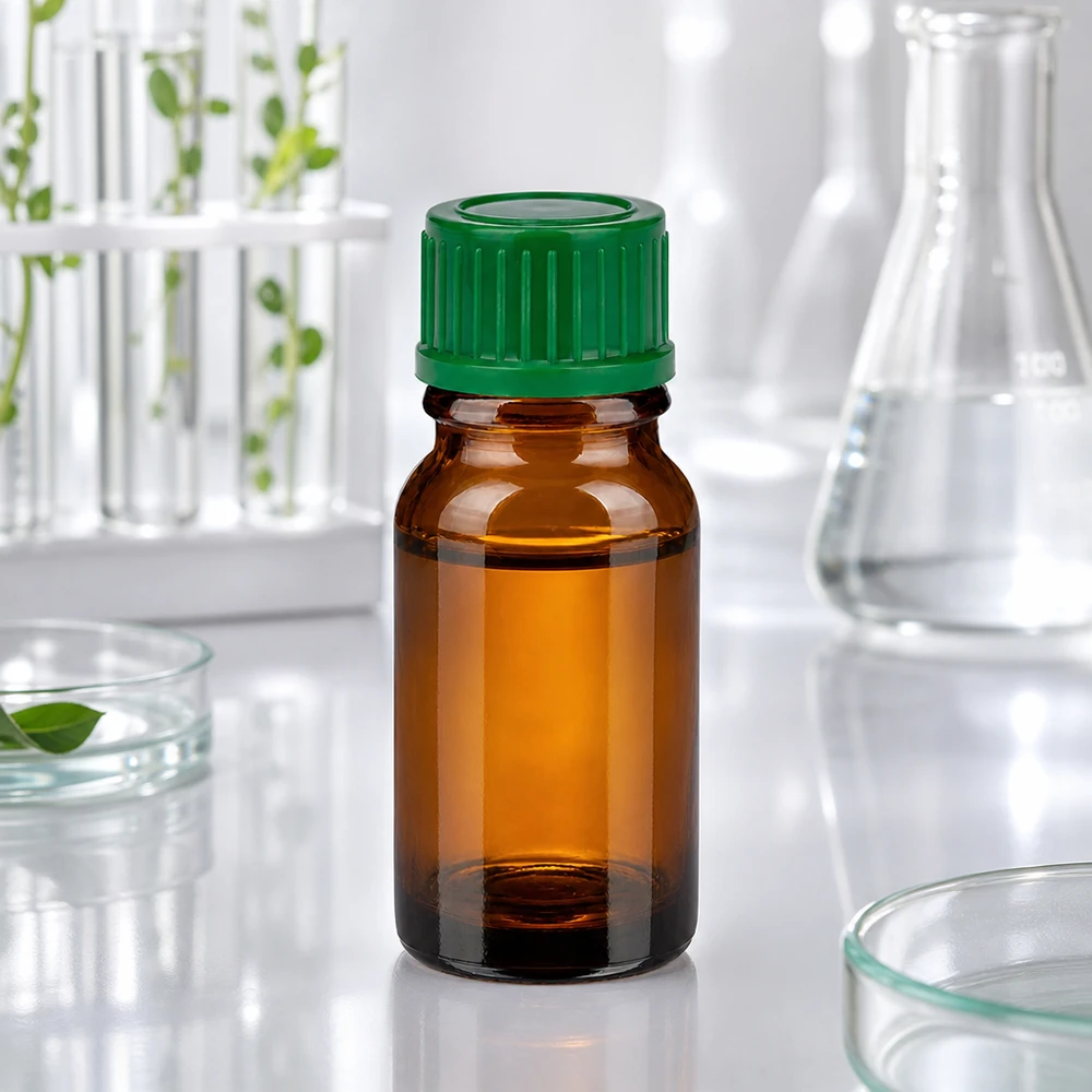 Frasco de laboratorio de 10 ml de vidrio ámbar con protección UV y tapón verde para una dosificación precisa