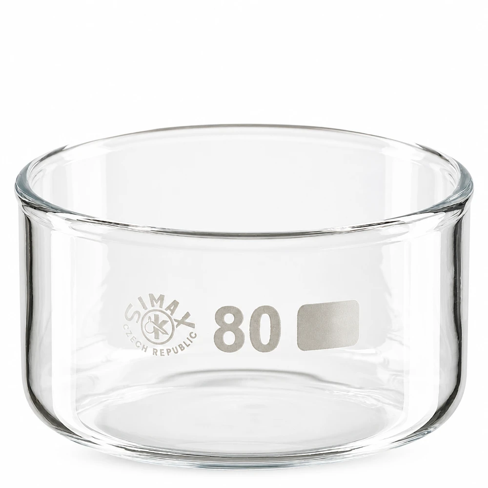Cristalizador 150ml sin pico borosilicato ø80mm Recipiente de cristalización de 150 ml, de vidrio borosilicato transparente, sin pico vertedor, diámetro de 80 mm, de SIMAX