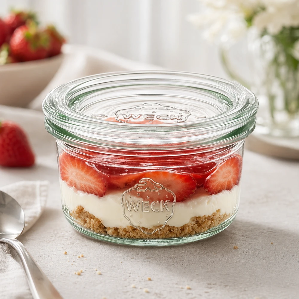 Vasos de 50ml con tapa de cristal WECK RR60 Vasos WECK 50ml RR60 con postre de capas de fresas y nata como elegante porción sobre una encimera blanca