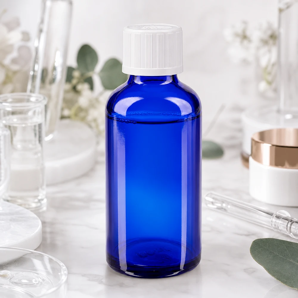 Frasco de farmacia azul cobalto de 50 ml con tapón de seguridad para niños blanco, en un entorno de laboratorio