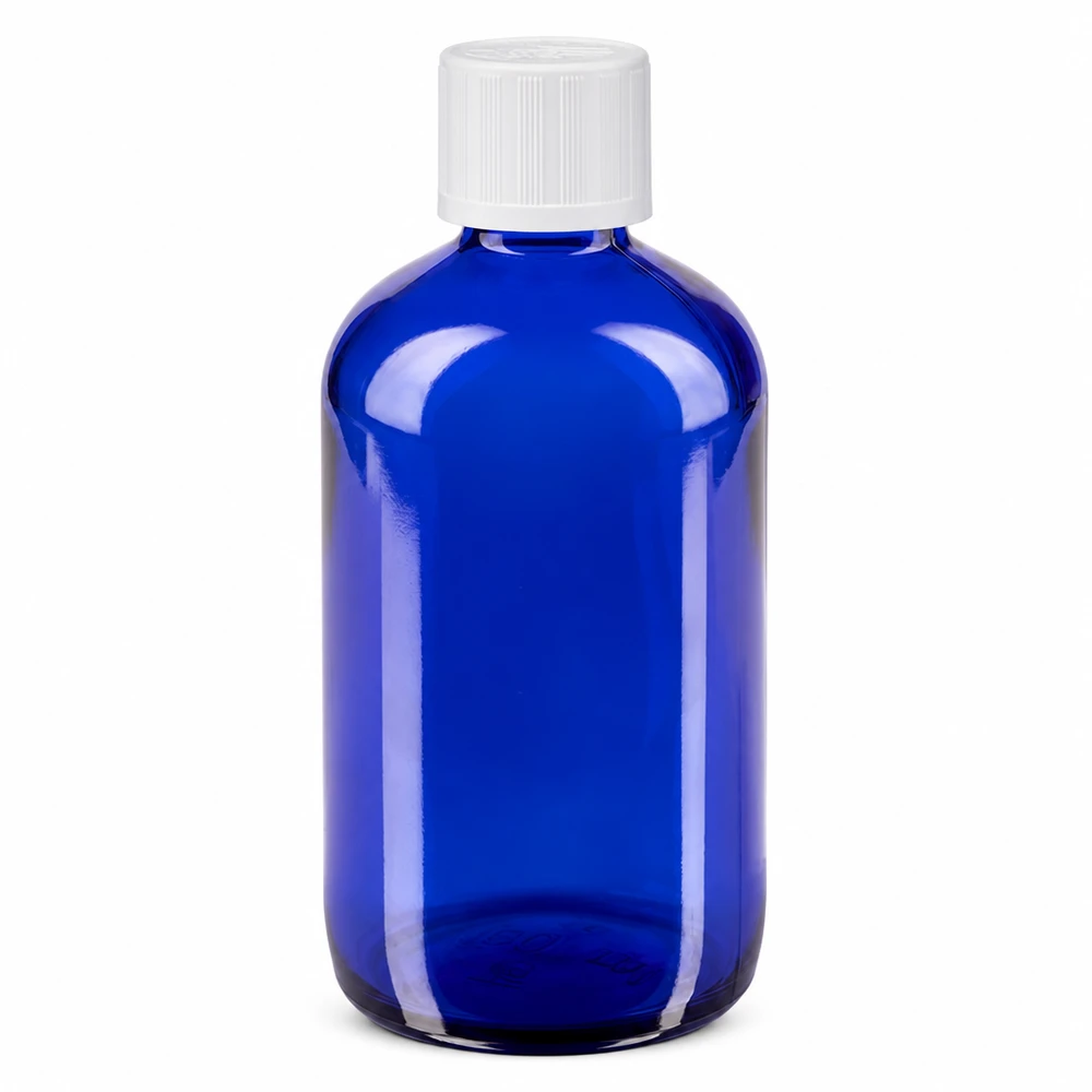 Frasco de farmacia de cristal azul de 100 ml con tapón de seguridad para niños de color blanco y dosificador de gotas de 1,2 mm