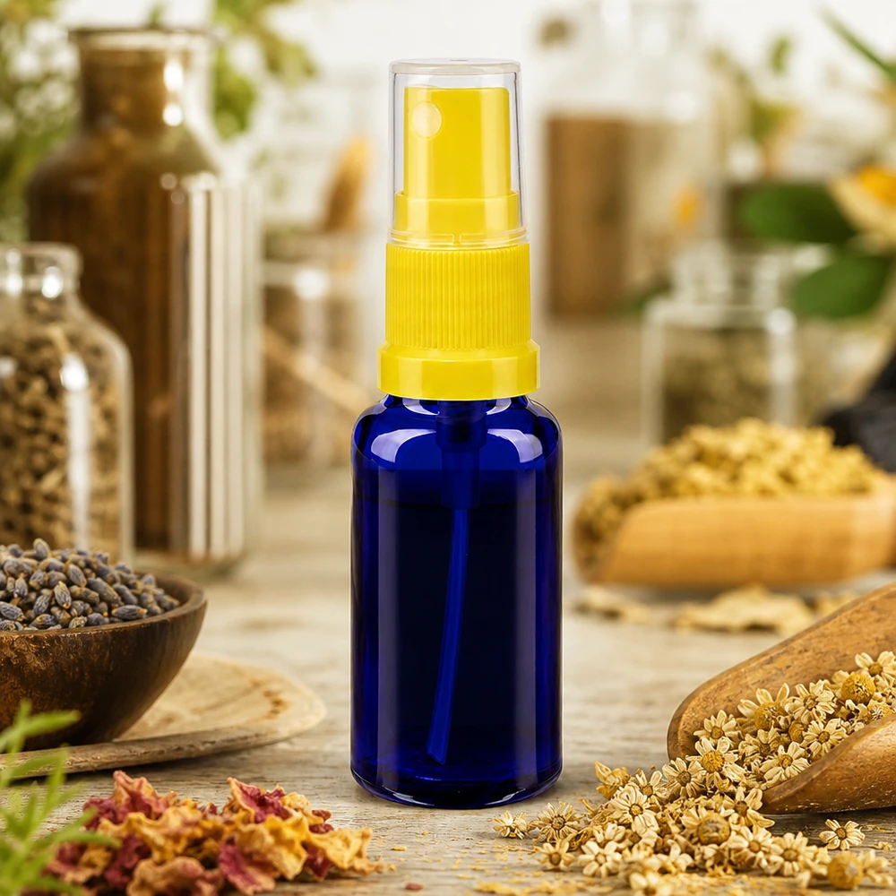 Botella pulverizadora de 20 ml de cristal azul de farmacia con pulverizador amarillo entre hierbas secas