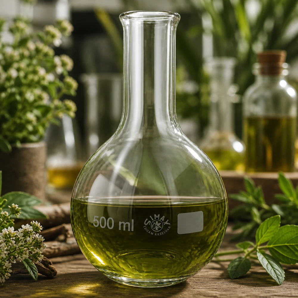 Frasco fondo redondo 500ml cuello estrecho con sustancia verde para extractos botánicos y destilación