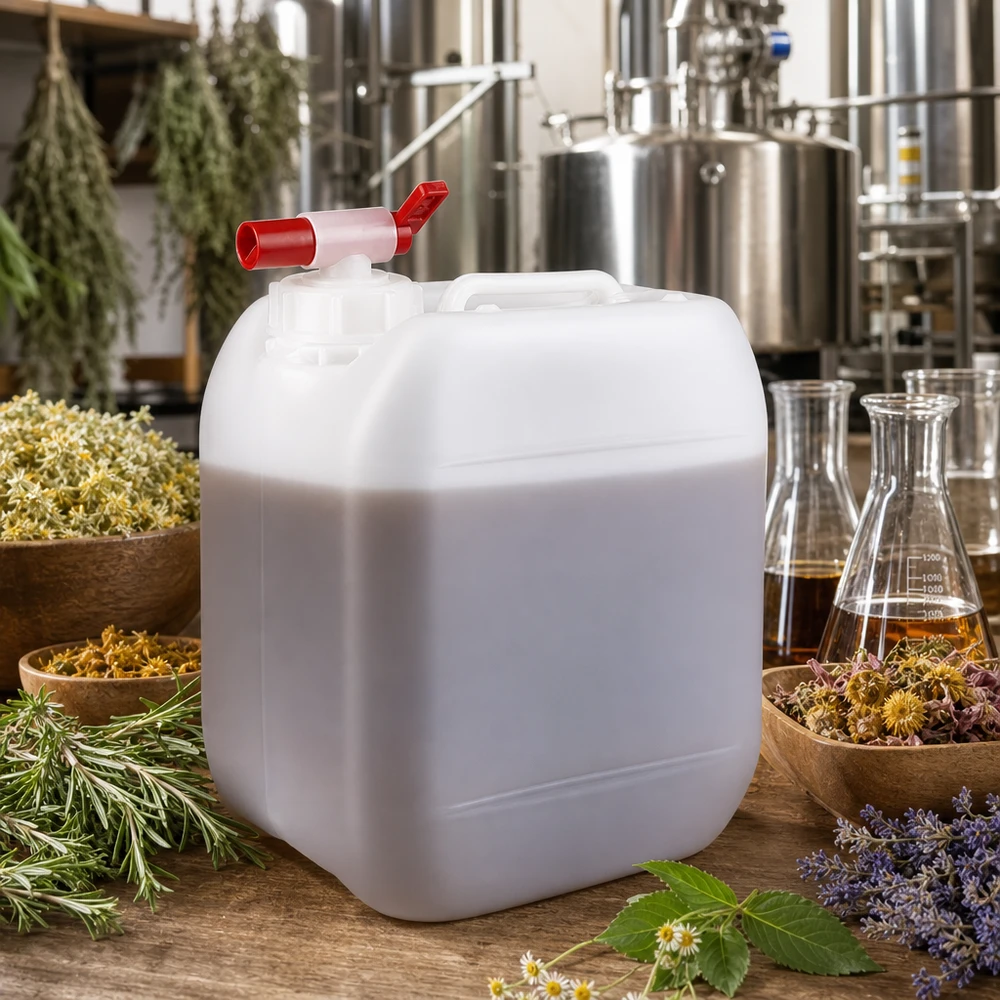 Bidón 5 litros con grifo de vaciado Bidón de plástico blanco de 5 litros con un grifo rojo rodeado de hierbas y flores secas