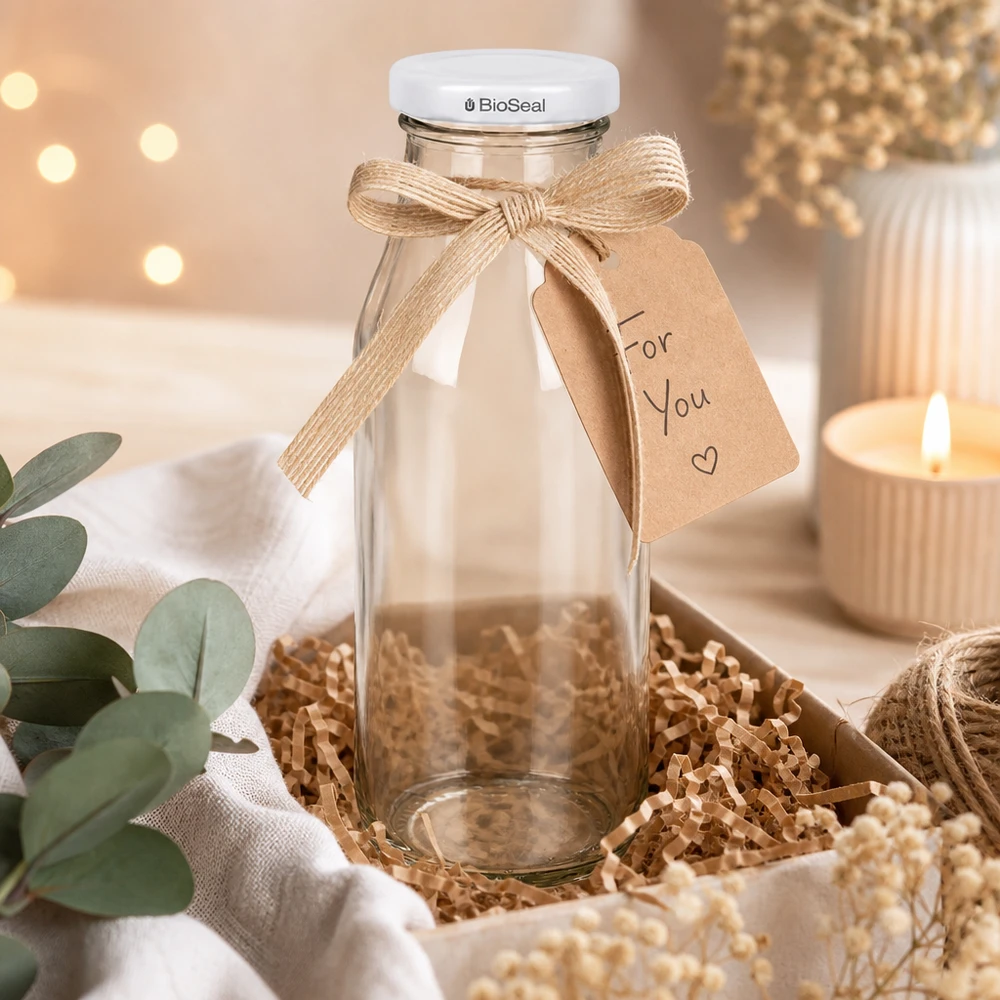 Botella de 263ml con tapa blanca UNiTWIST BioSeal UNiTWIST Bottle263 Glasflasche mit weißem TO43 BioSeal Deckel als Geschenk dekoriert mit Schleife und Anhänger