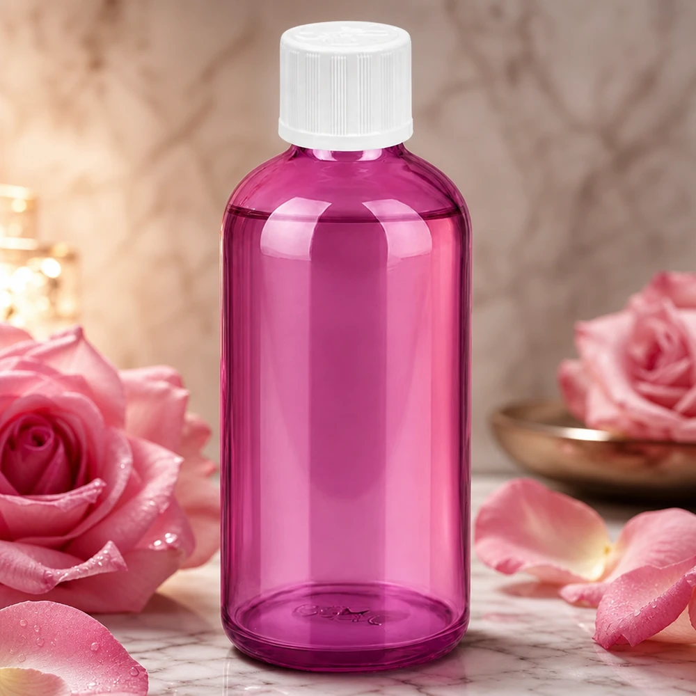 Frasco de vidrio violeta de 100 ml con tapón de rosca blanco y cuentagotas de 1,2 mm para aceites esenciales