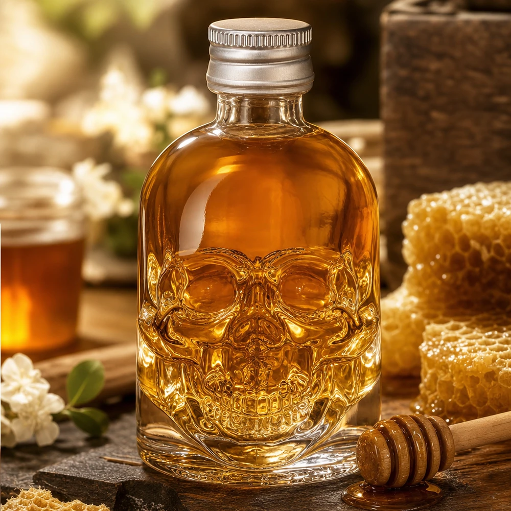 Botella de vidrio de 50 ml «Hector» y tapón de rosca plateado UNiTWIST® Botella de cristal de calavera de 50ml Hector llena de miel junto a panal y cuchara de miel en cocina rústica