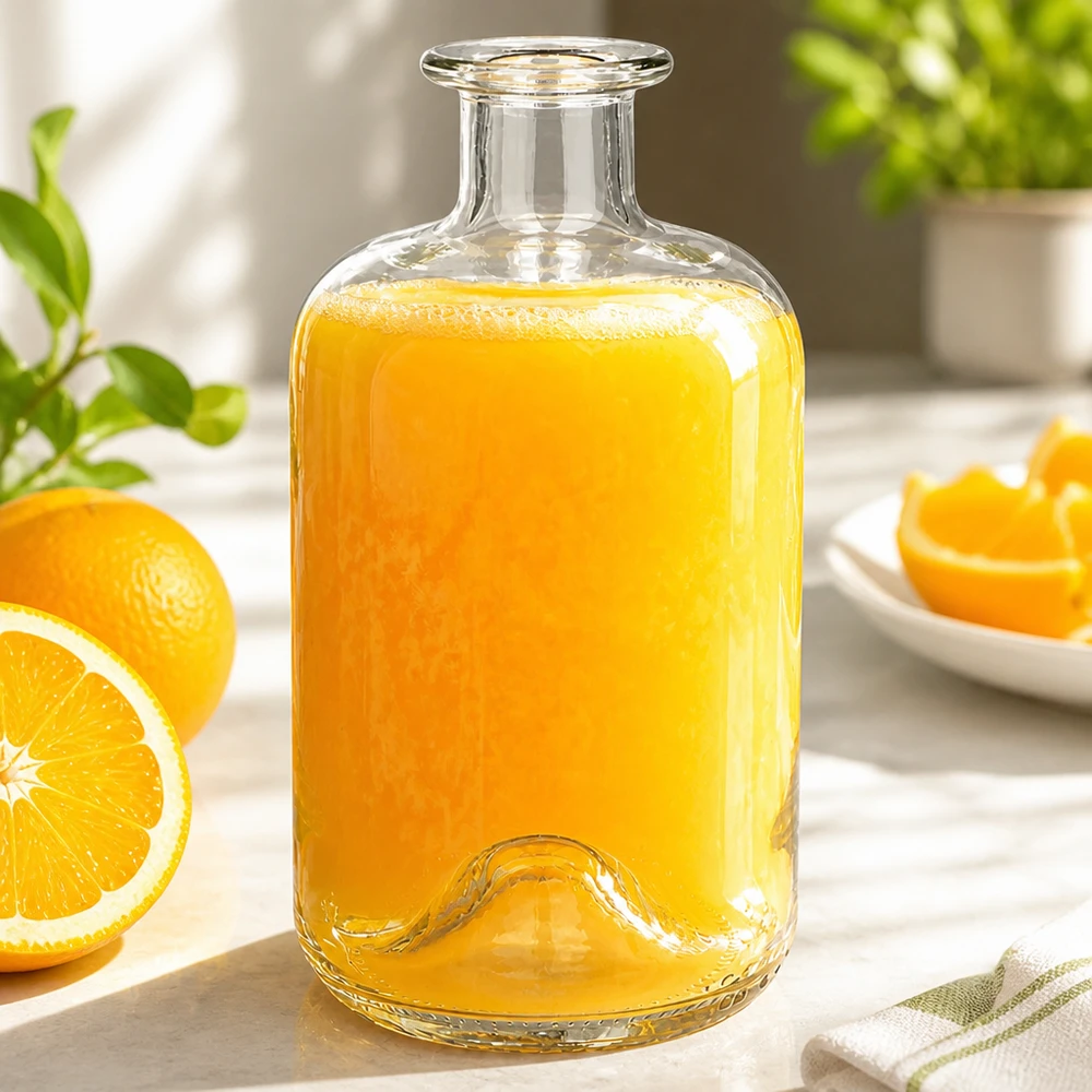 Botella de farmacia «500ml Glasflasche "Luna" ohne Verschluss UNiTWIST» de 500 ml sin tapón UNiTWIST® Botella de cristal Luna de 500 ml llena de zumo de naranja fresco junto a rodajas de naranja como jarra de zumo en un ambiente de cocina