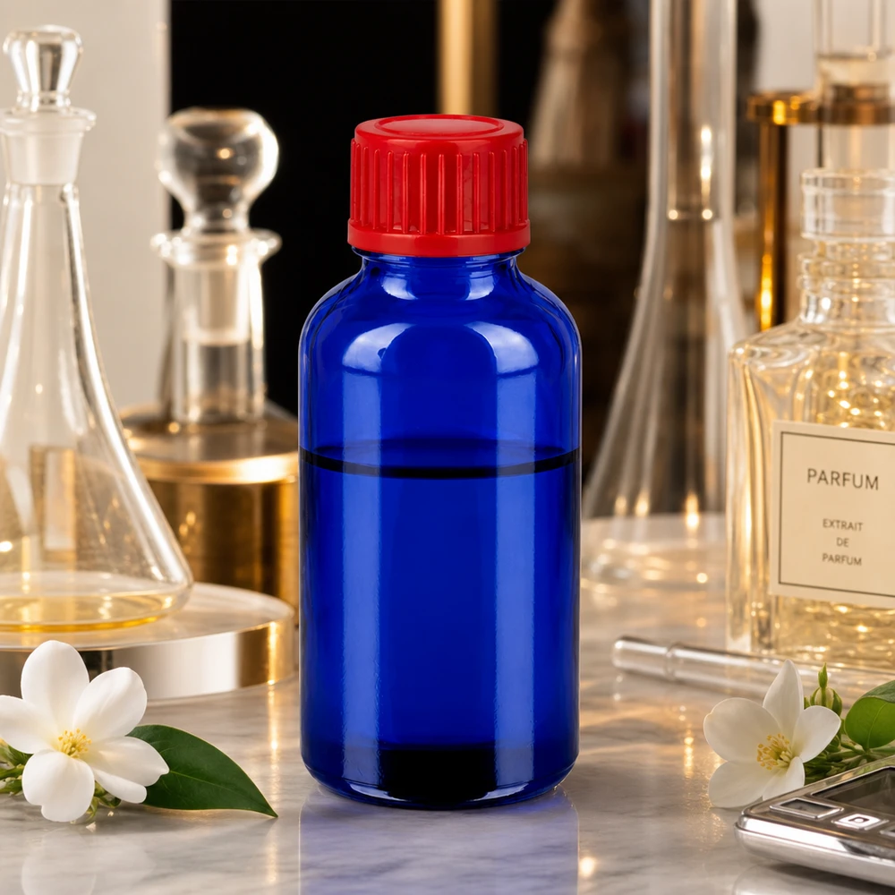 Frasco de 30 ml de vidrio azul con protección UV y tapón rojo para sustancias fotosensibles