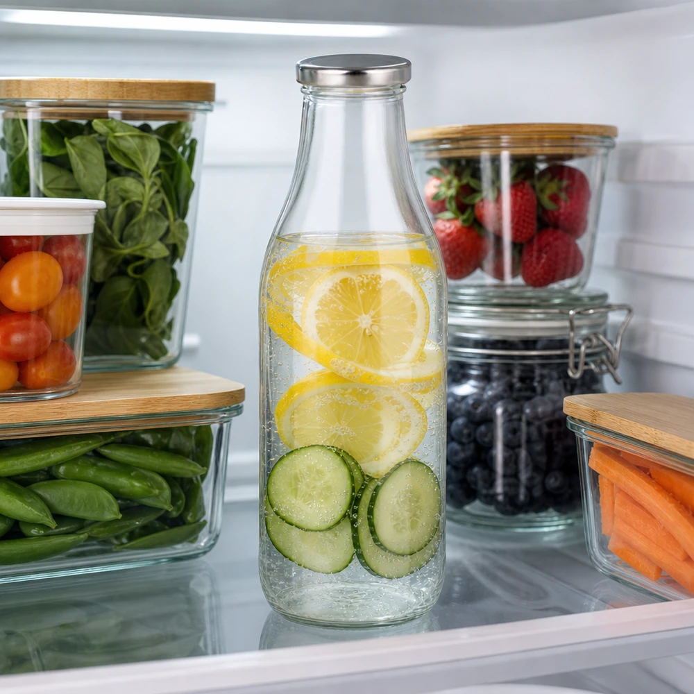 Botella de vidrio de 1000 ml con tapa BasicSeal plata en la nevera con pepino agua limón junto al almacenamiento de verduras