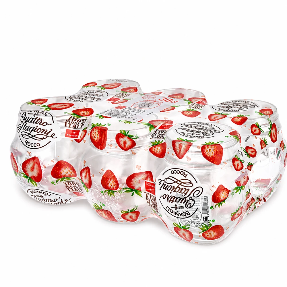 Vaso redondo de 300ml "Quattro Stagioni" QS70mm Tarros domésticos Quattro Stagioni 300 ml con motivo de fresas Juego de 6 tarros de conserva para cocina y almacenaje