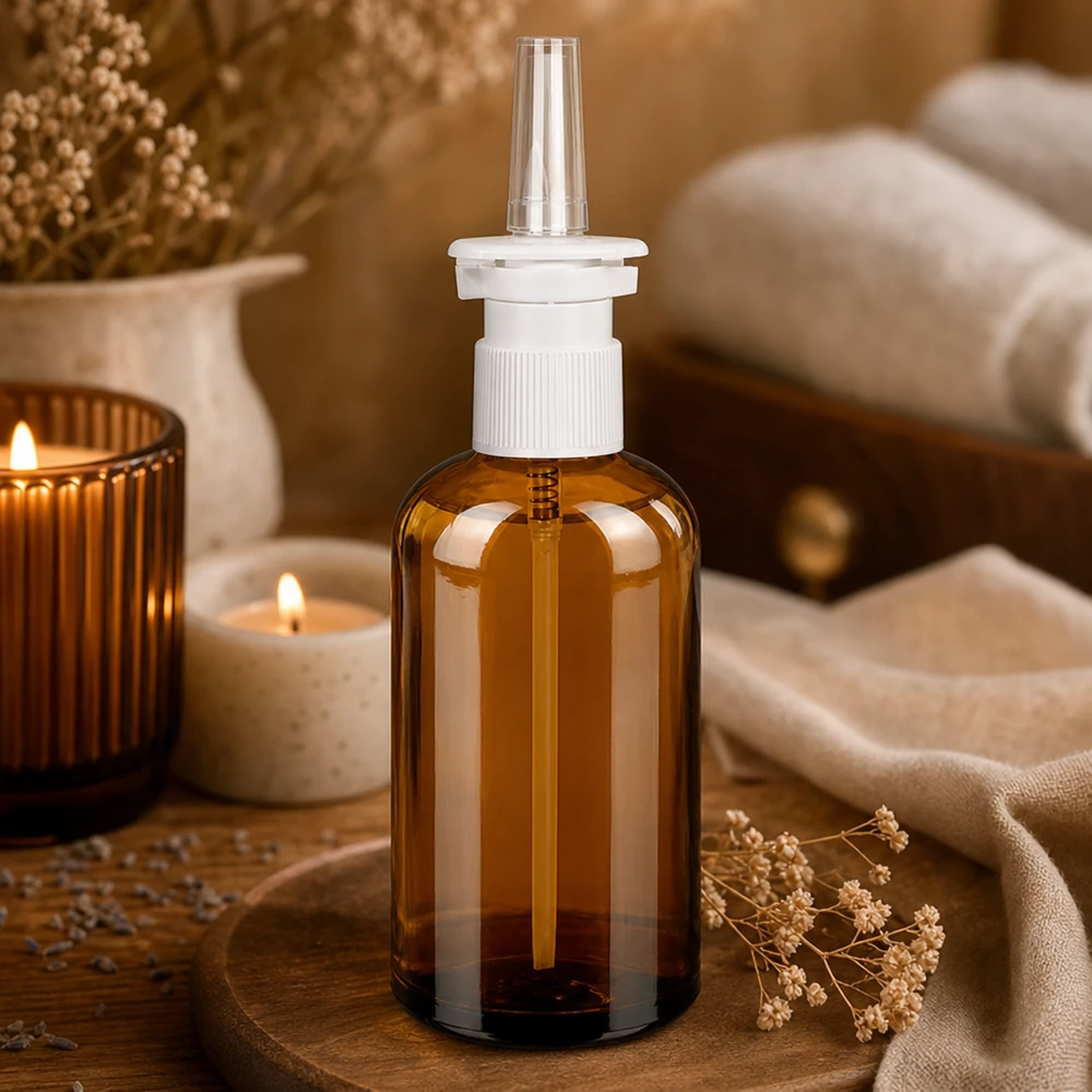 Frasco pulverizador nasal de 100 ml blanco/transparente Estándar BrownLine UT18/100 Frasco de pulverizador nasal de 100 ml de alta calidad con un elegante aspecto de cristal marrón y un práctico accesorio de pulverización