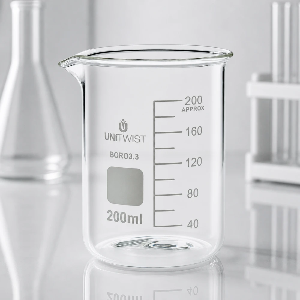 Vaso 200 ml borosilicato, molde bajo UNiTWIST Vaso de laboratorio UNiTWIST de 200 ml, de borosilicato, de perfil bajo, con superficie blanca para etiquetado