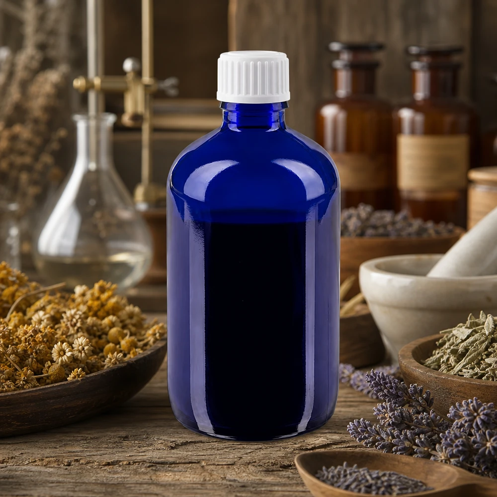Frasco ApoGlas azul de 100 ml con tapón blanco STD sobre una mesa de madera, entre hierbas medicinales secas