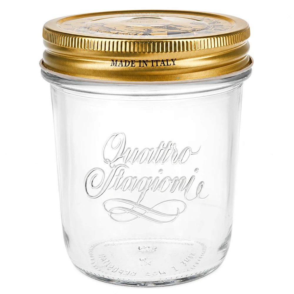 Vasos "Quattro Stagioni" de 320 ml con tapa Tarro Quattro Stagioni de 320 ml con tapa dorada Made in Italy Tarro para conservas y mermeladas