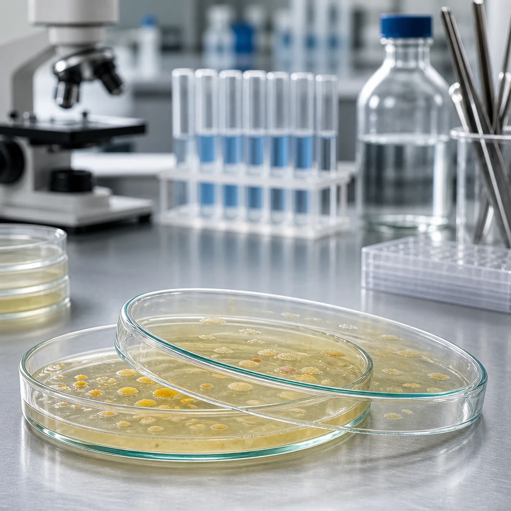 Tres placas de Petri de vidrio de 120 x 20 mm con cultivos bacterianos en un medio de cultivo amarillo en el laboratorio