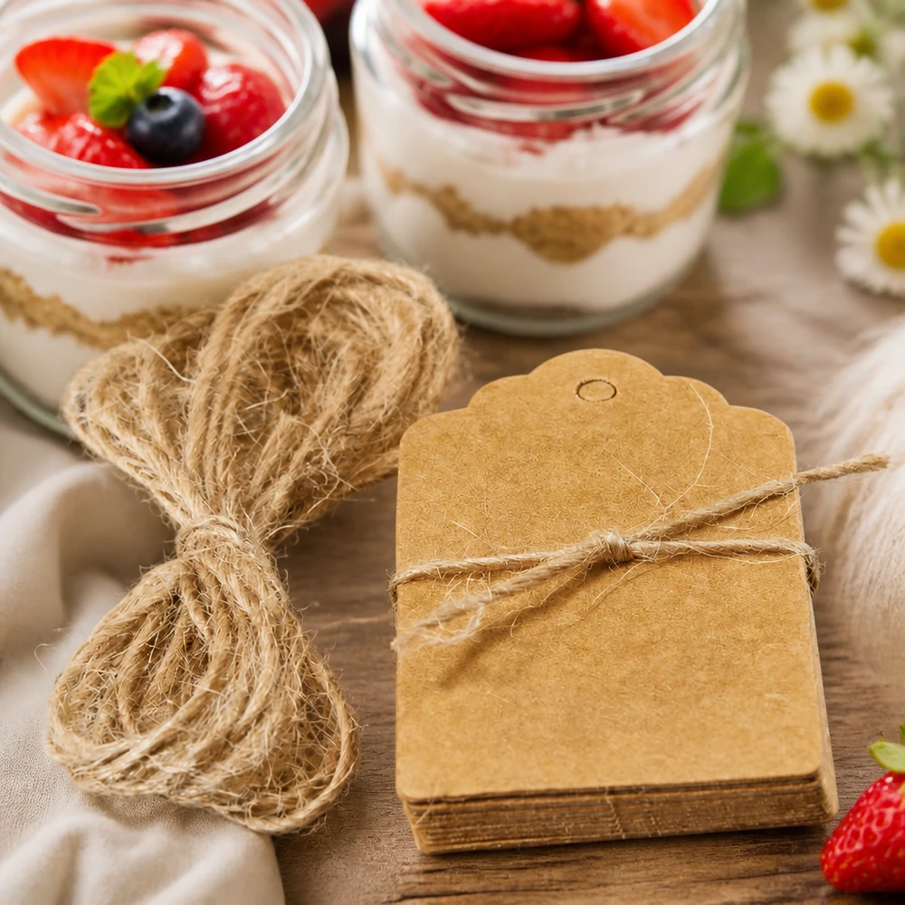 Colgantes de 30 x 50 mm con cordón (paquete(s) de 10 unidades) Etiquetas de papel kraft marrón con cordón como adornos de regalo junto a copas de postre con bayas en una mesa de madera