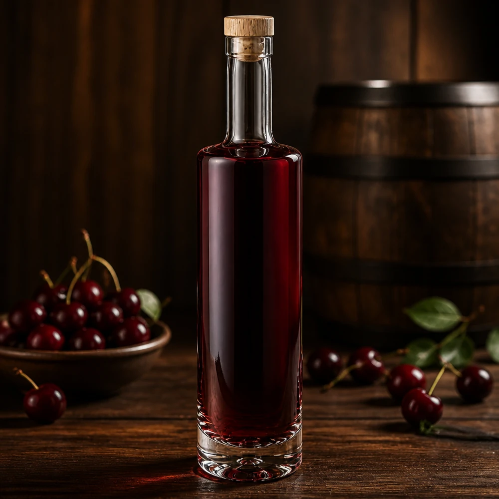 Botella de vidrio de 500 ml «Lina» con tapón de corcho con asa de madera UNiTWIST® Botella de cristal de 500ml Lina con tapón de madera llena de licor de cereza entre cerezas frescas decoración de mesa de madera rústica