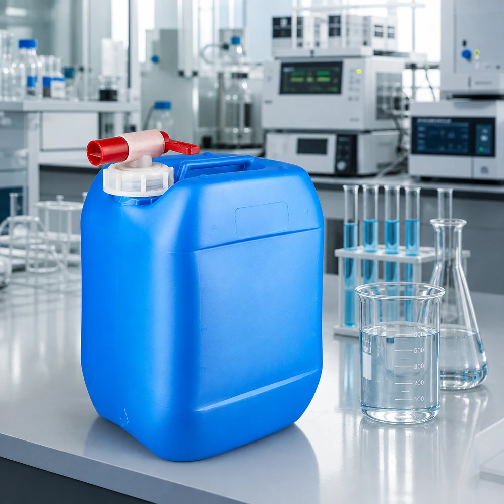 Bidón azul de 10 litros con grifo rojo sobre la mesa de laboratorio, junto a un vaso de precipitados y un matraz Erlenmeyer