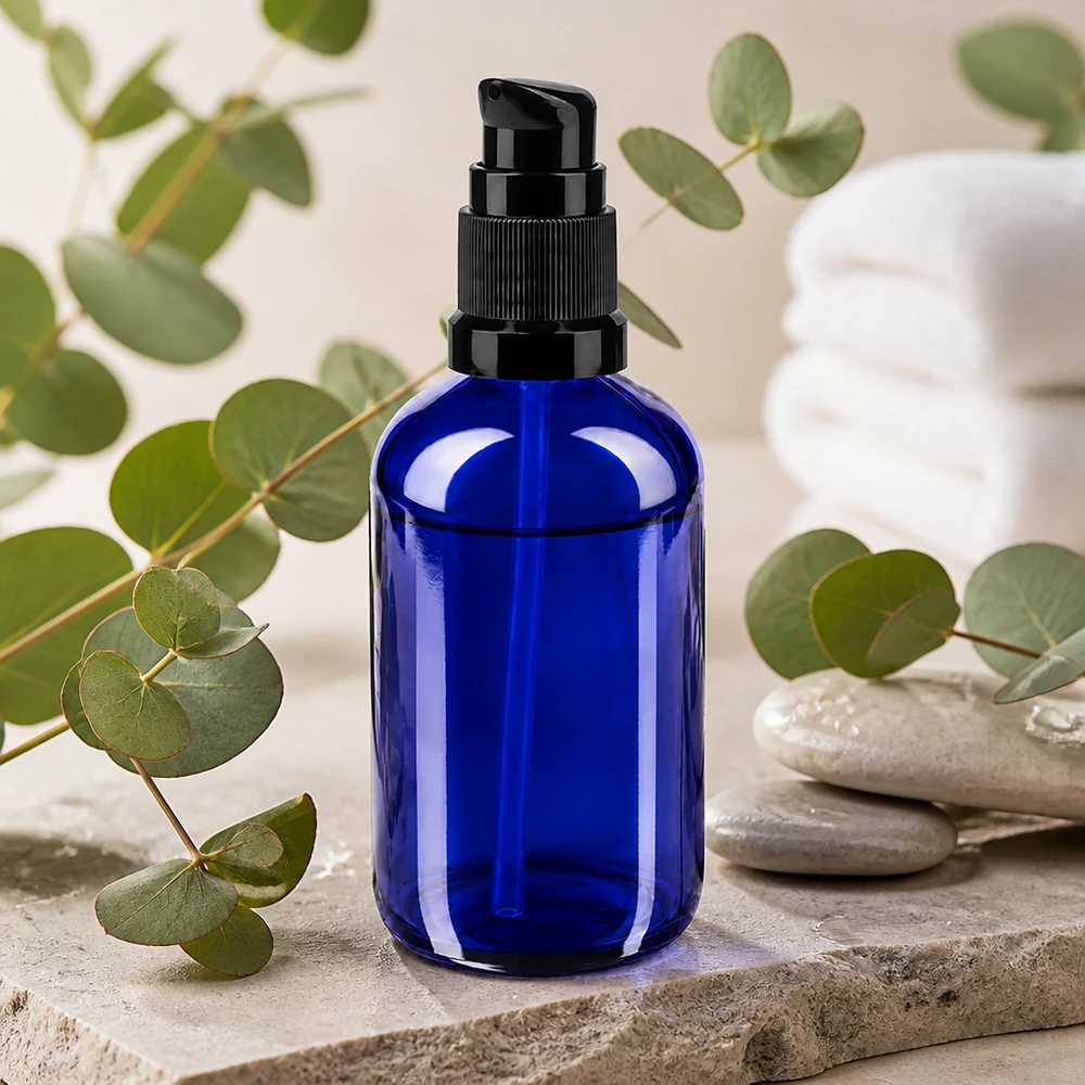 Frasco de farmacia azul de 100 ml con dosificador negro, entre ramas de eucalipto y piedras de spa