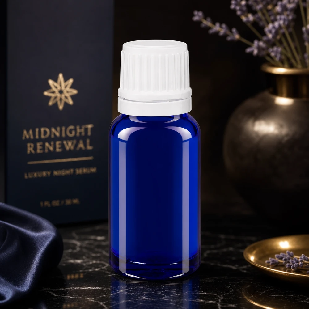 Frasco de farmacia azul de 10 ml con tapón blanco a prueba de niños sobre fondo de mármol negro
