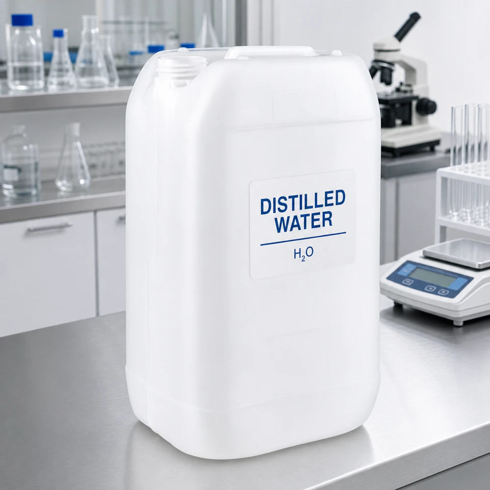 Bidón rectangular de 15 litros sin tapón, con la inscripción «Agua destilada» en el laboratorio