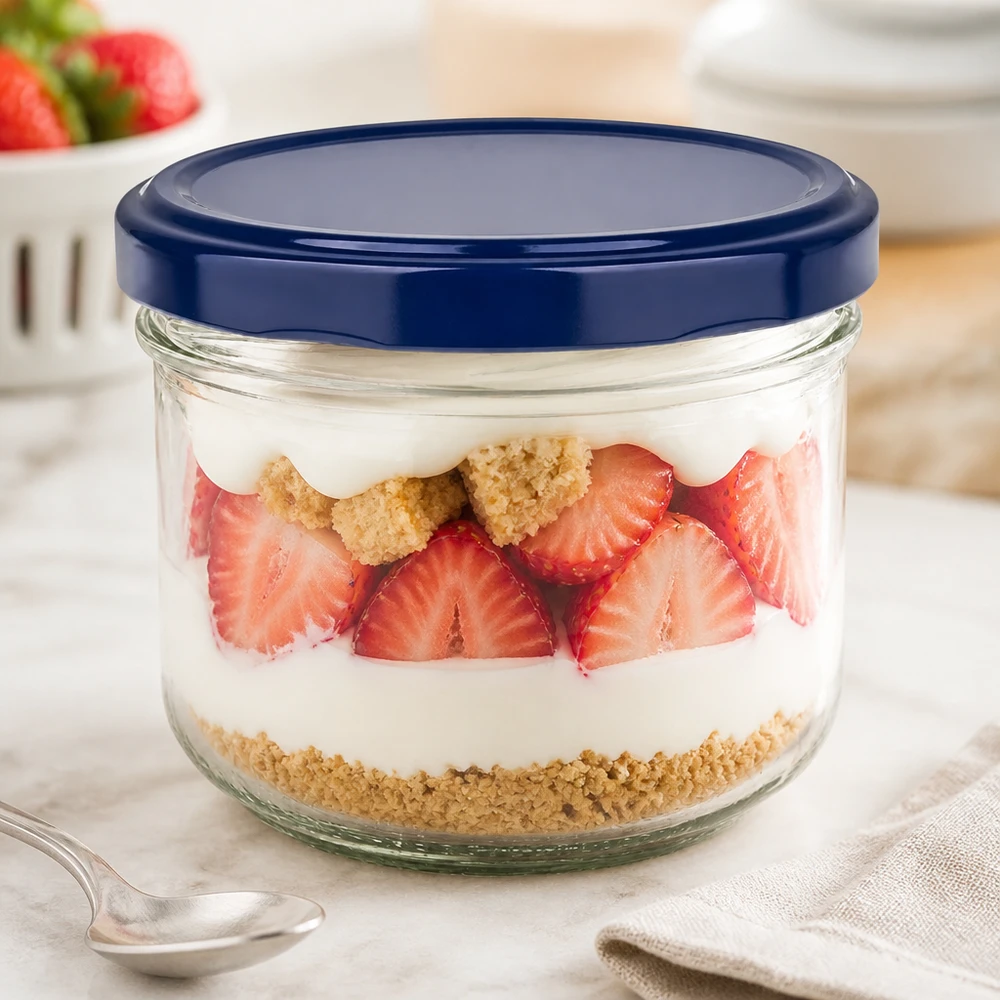 Vasos azules BasicSeal de 260 ml con estratificación de fresa para postres - tarro twist-off para postres y yogur