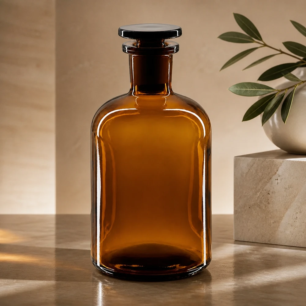 Botella de hombro redondo 250ml marrón cuello estrecho tapón de vidrio Botella de vidrio ámbar de 250 ml, de hombros redondeados, cuello estrecho y tapón de vidrio; con protección UV y a prueba de la luz