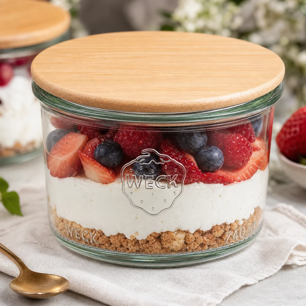 Vasos WECK 200ml RR80 tapa de madera rellenos de postre en capas bayas yogur galleta base postre estilismo