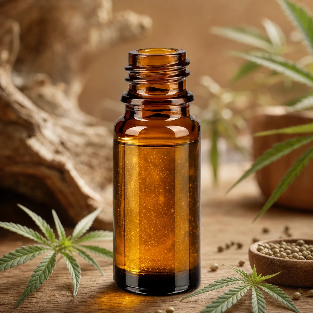 Frasco cuentagotas 10 ml DIN 18 de vidrio ámbar Frasco de farmacia ApoGlas marrón de 10 ml con extracto de cannabis y semillas de cáñamo sobre fondo de madera rústica
