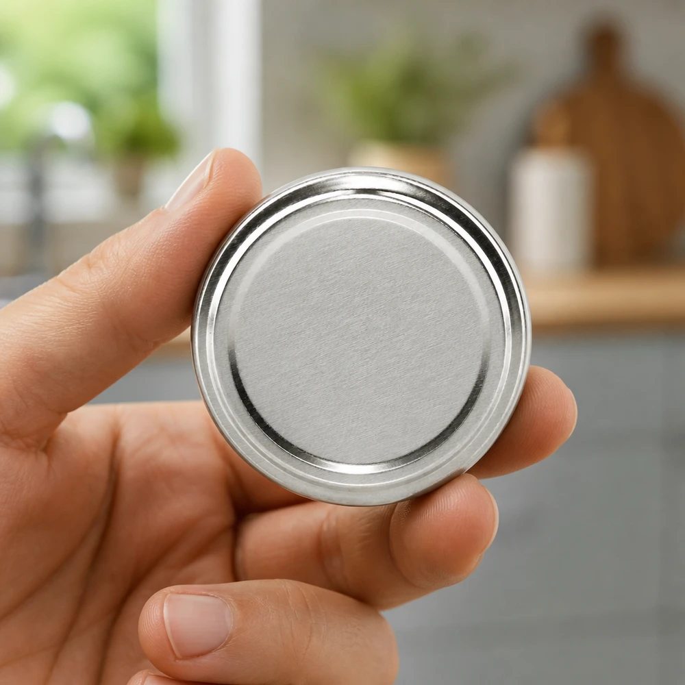 Tapa BasicSeal de 82 mm, color plata (TO82) UNiTWIST Una mano sujeta una tapa plateada TO82 Twist-Off de 82 mm BasicSeal de UNiTWIST en la cocina